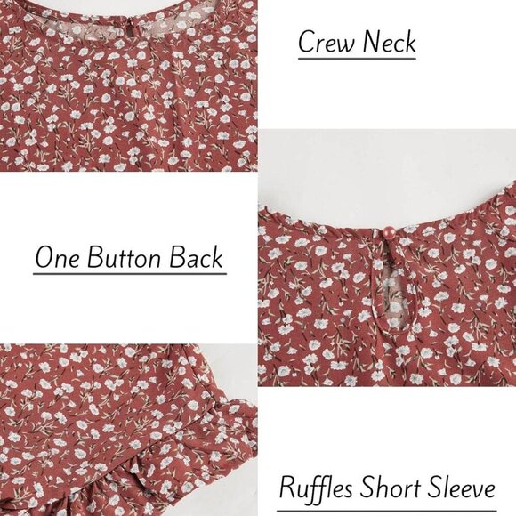 Womens Ruffles Boho Floral Printed Babydoll Loose Swing Casual Short Mini T-Shir - Picture 4 of 4